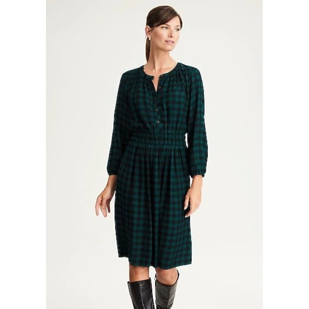 J Jill‎ Plaid A Line Dress XL Green Black Gingham Plaid Button Prairie Country